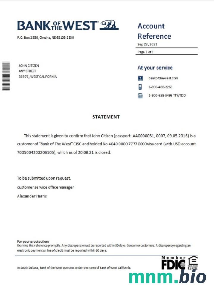 Przykład odniesienia do zamknięcia USA Bank of the West w formatach Word i PDF